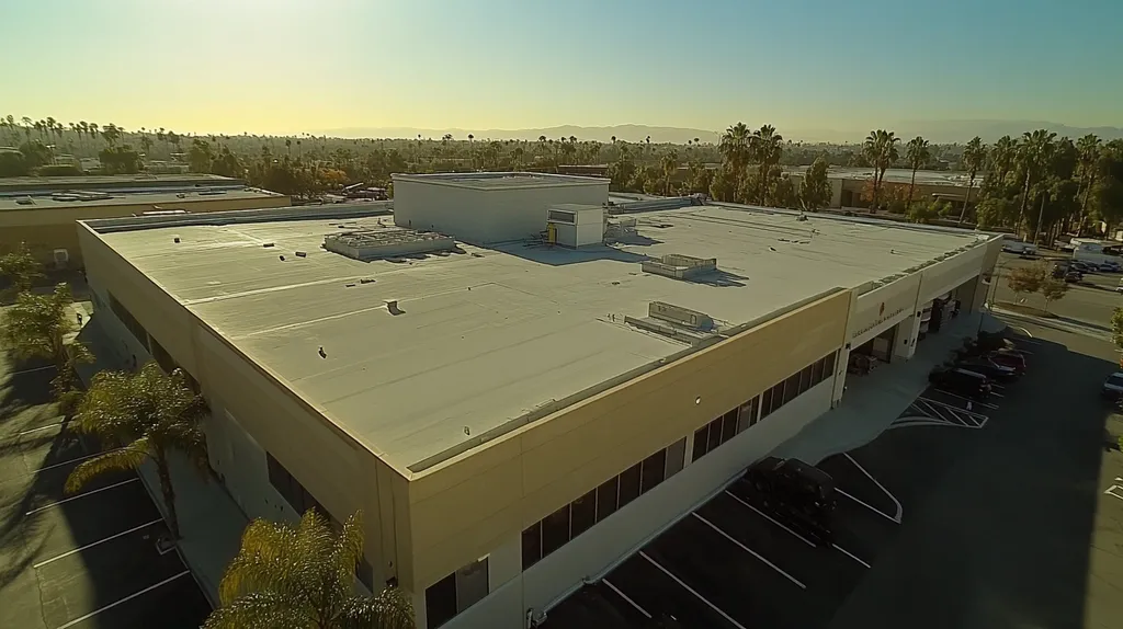 A commercial roof on a manufacturing plant in a location similar to Beverly Hills with a color highlight aesthetic (AI image)