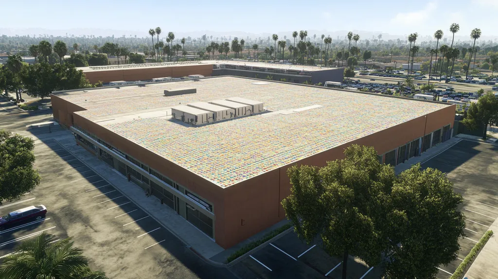 A commercial roof on a manufacturing plant in a location similar to Beverly Hills with a mosaic tile art aesthetic (AI image)