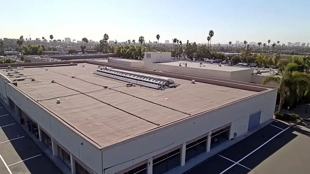 A commercial roof on a manufacturing plant in a location similar to Beverly Hills with an urban context aesthetic (AI image)