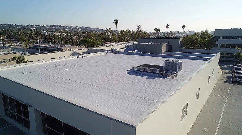 A commercial roof on a manufacturing plant in a location similar to Beverly Hills with an urban context aesthetic (AI image)