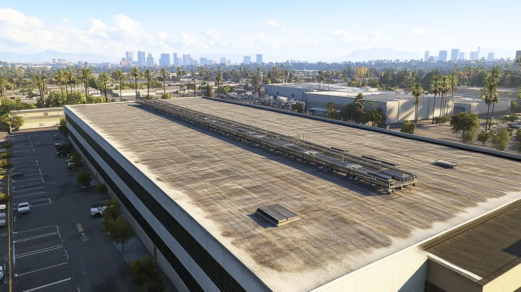 A commercial roof on a manufacturing plant in a location similar to Beverly Hills with an urban context aesthetic (AI image)