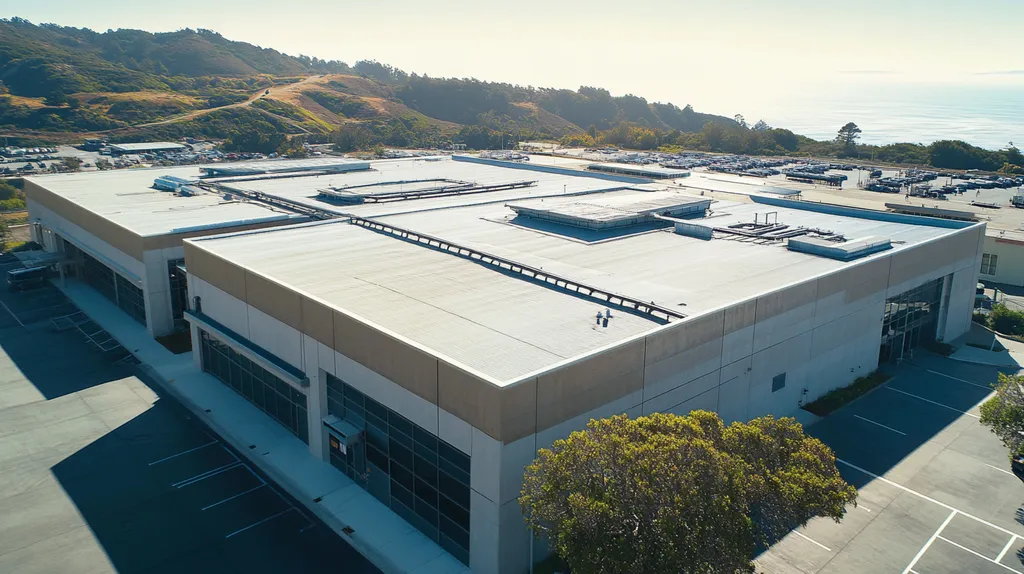 A commercial roof on a manufacturing plant in a location similar to Big Sur with a color highlight aesthetic (AI image)