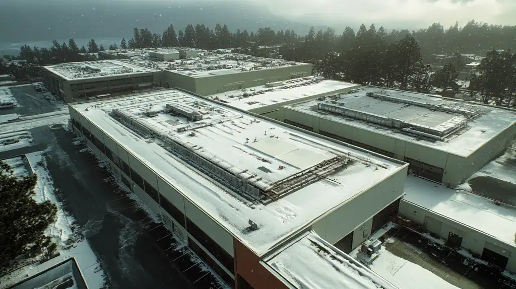 A commercial roof on a manufacturing plant in a location similar to Big Sur with a snowy day aesthetic (AI image)
