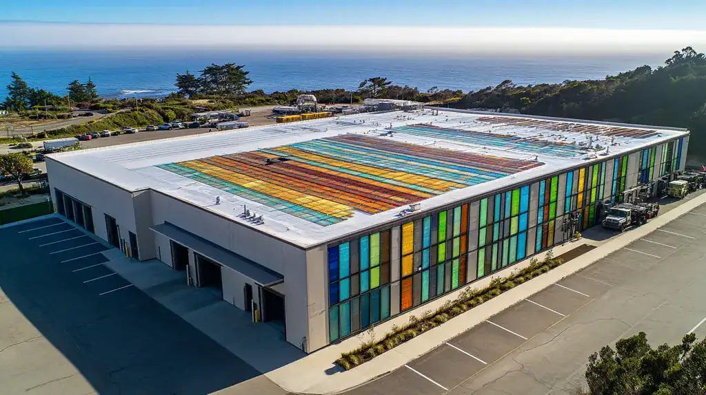 A commercial roof on a manufacturing plant in a location similar to Big Sur with a stained glass style aesthetic (AI image)