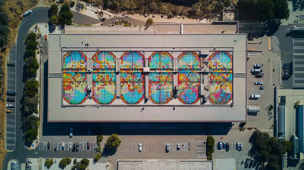 A commercial roof on a manufacturing plant in a location similar to Big Sur with a stained glass style aesthetic (AI image)