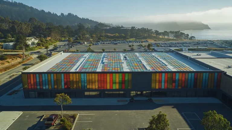 A commercial roof on a manufacturing plant in a location similar to Big Sur with a stained glass style aesthetic (AI image)