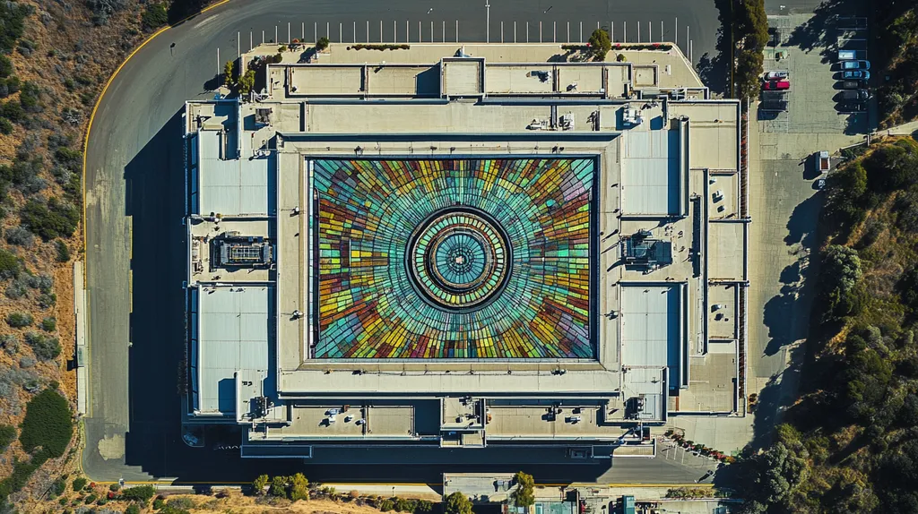 A commercial roof on a manufacturing plant in a location similar to Big Sur with a stained glass style aesthetic (AI image)