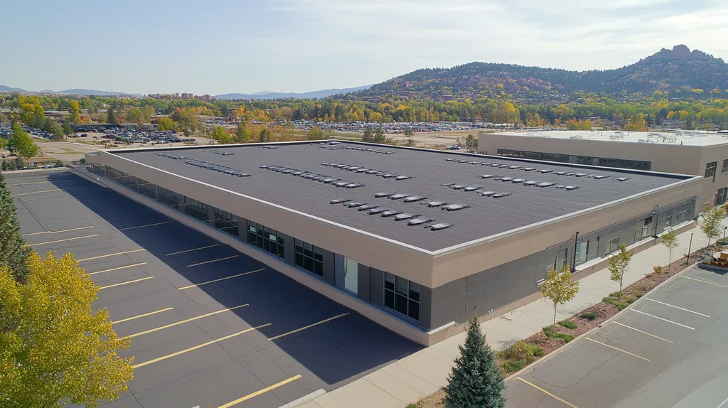 A commercial roof on a manufacturing plant in a location similar to Boulder with a futuristic aesthetic (AI image)