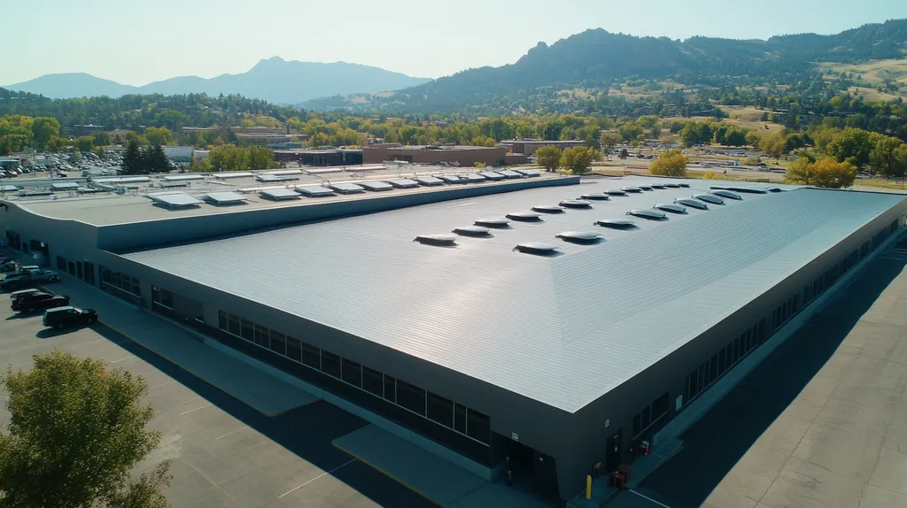 A commercial roof on a manufacturing plant in a location similar to Boulder with a futuristic aesthetic (AI image)