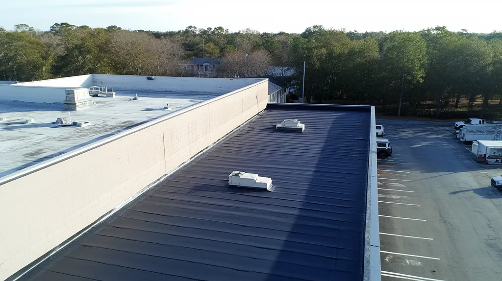 A commercial roof on a manufacturing plant in a location similar to Charleston with a color highlight aesthetic (AI image)