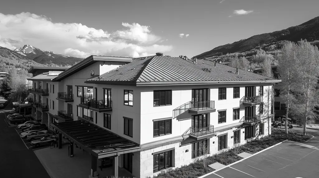 A commercial roof on a mid-rise in a location similar to Aspen with a black and white photography aesthetic (AI image)