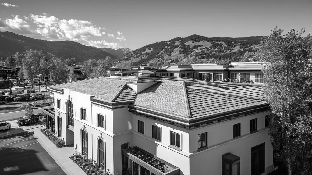 A commercial roof on a mid-rise building in a location similar to Aspen with a black and white photography aesthetic (AI image)