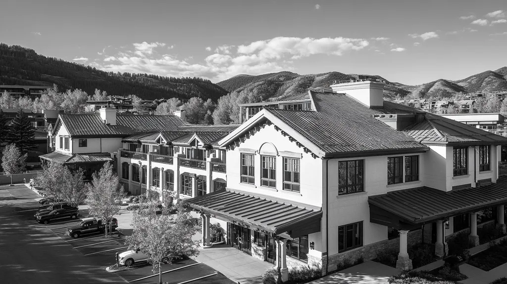 A commercial roof on a mid-rise in a location similar to Aspen with a black and white photography aesthetic (AI image)