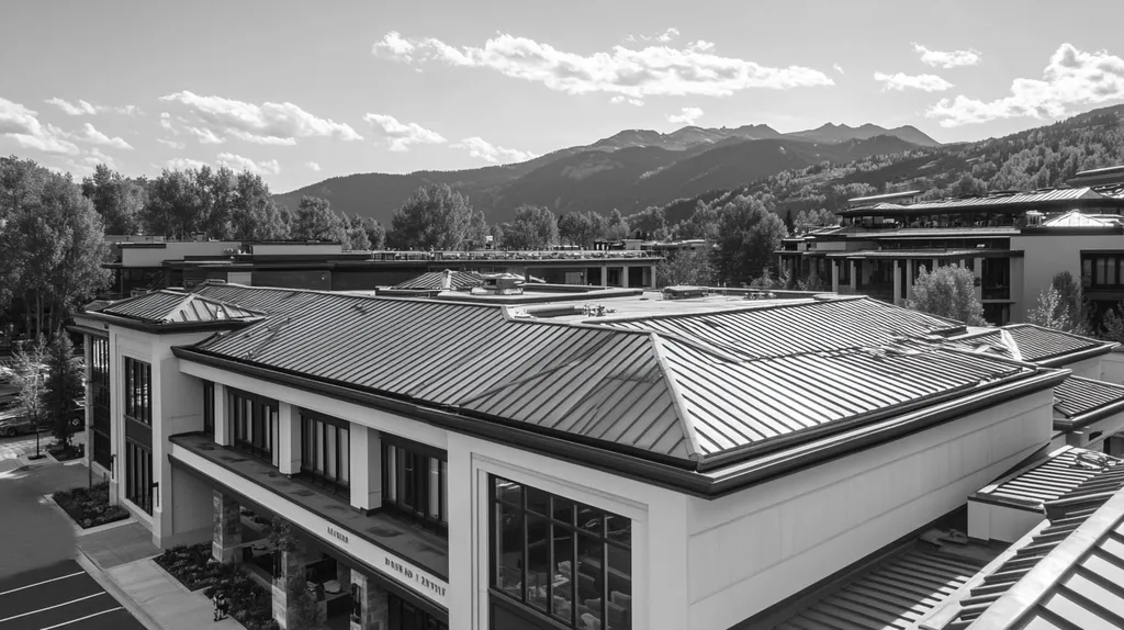 A commercial roof on a mid-rise building in a location similar to Aspen with a black and white photography aesthetic (AI image)