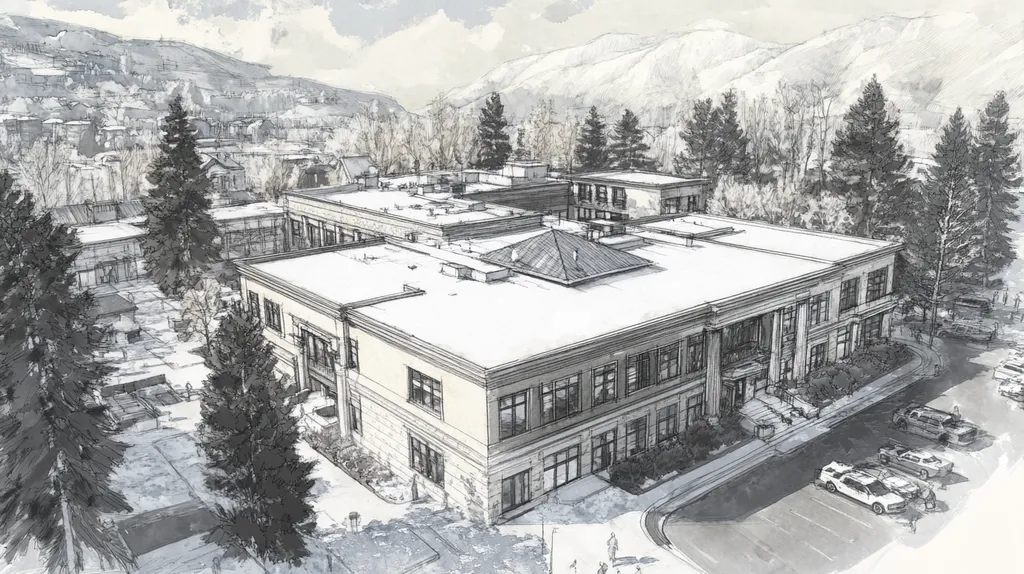 A commercial roof on a mid-rise in a location similar to Aspen with a charcoal sketch aesthetic (AI image)