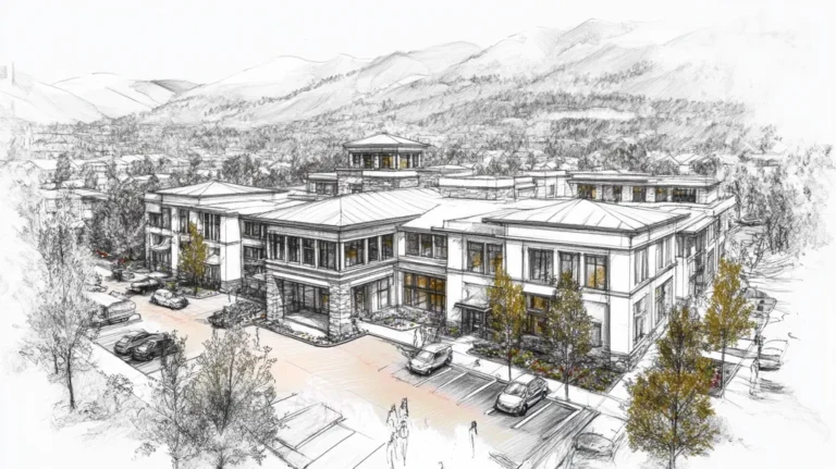 A commercial roof on a mid-rise building in a location similar to Aspen with a charcoal sketch aesthetic (AI image)