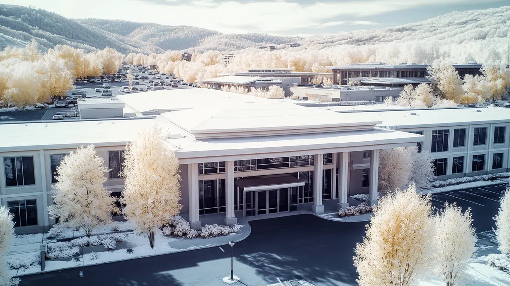 A commercial roof on a mid-rise in a location similar to Aspen with an infrared photography aesthetic (AI image)