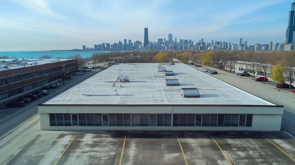 A commercial roof on a post office in a location similar to Chicago with an urban context aesthetic (AI image)