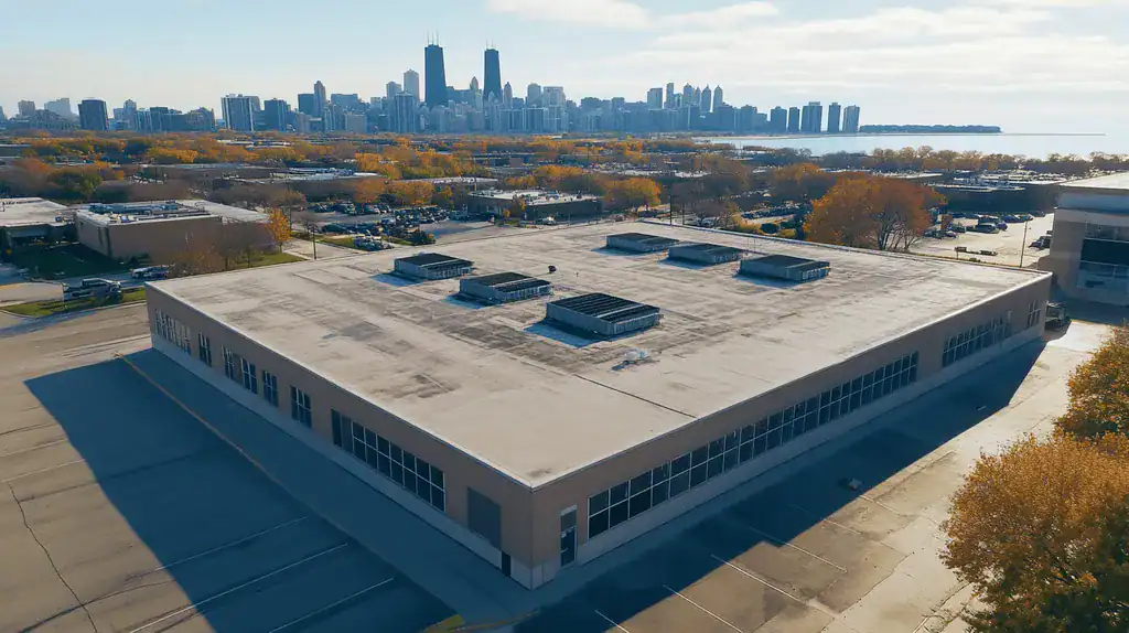 A commercial roof on a post office in a location similar to Chicago with an urban context aesthetic (AI image)