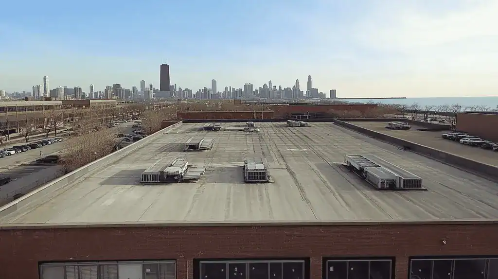 A commercial roof on a post office in a location similar to Chicago with an urban context aesthetic (AI image)