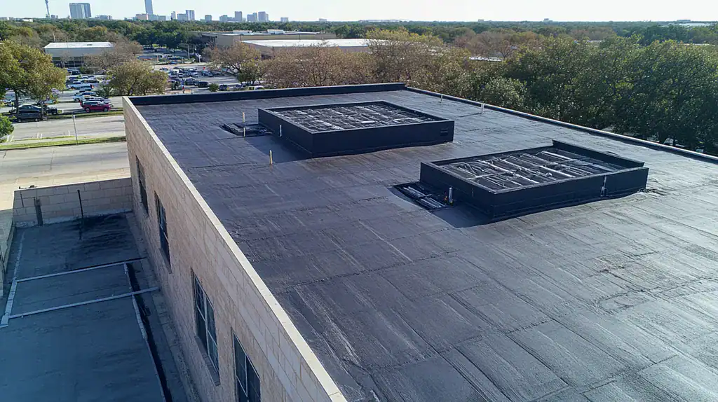 A commercial roof on a post office in a location similar to Dallas with a color highlight aesthetic (AI image)