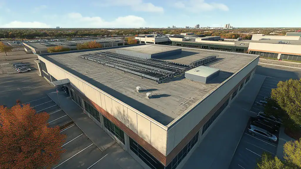 A commercial roof on a post office in a location similar to Dallas with a color highlight aesthetic (AI image)