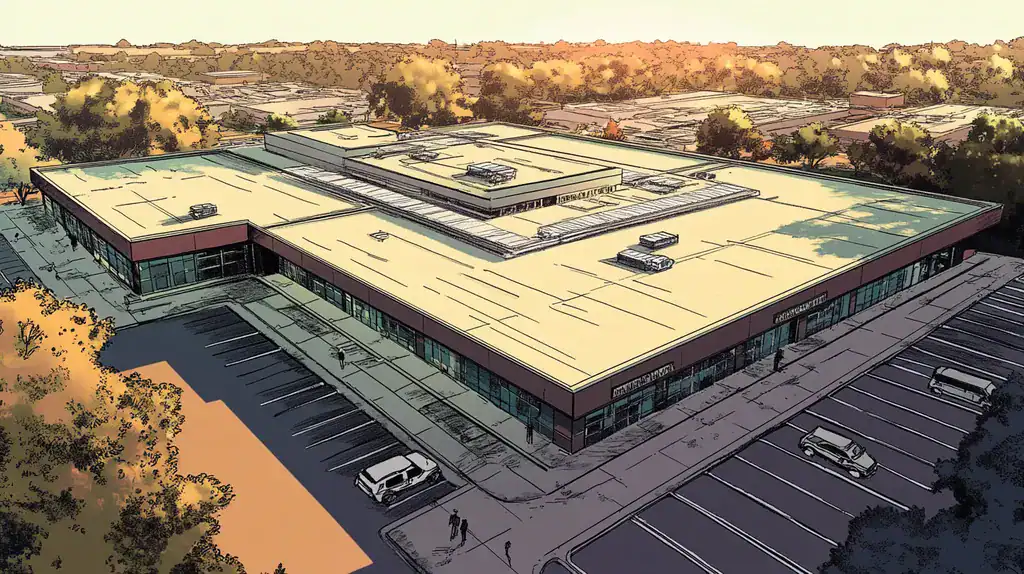 A commercial roof on a post office in a location similar to Dallas with a comic book style aesthetic (AI image)
