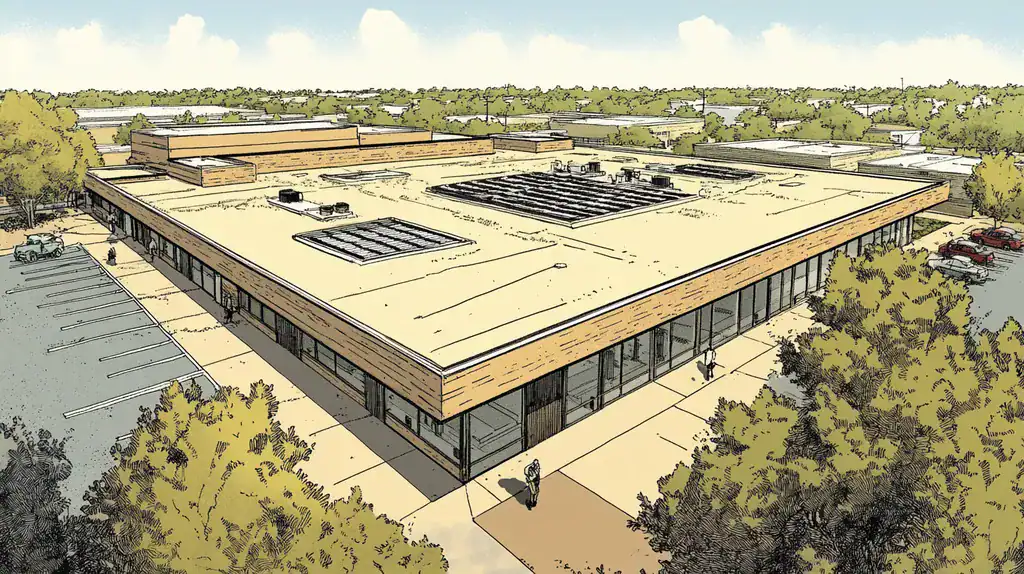 A commercial roof on a post office in a location similar to Dallas with a comic book style aesthetic (AI image)