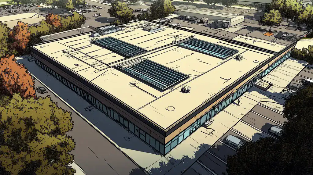 A commercial roof on a post office in a location similar to Dallas with a comic book style aesthetic (AI image)