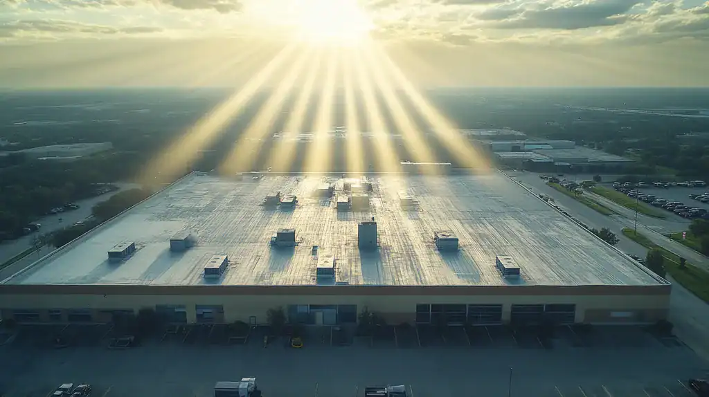 A commercial roof on a post office in a location similar to Dallas with a light beams aesthetic (AI image)