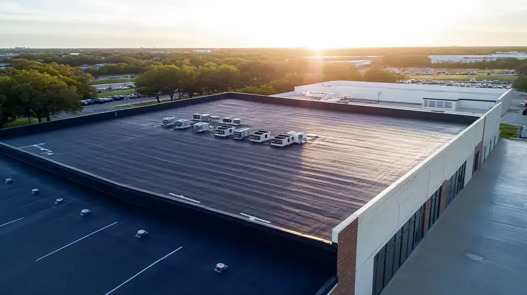 A commercial roof on a post office in a location similar to Dallas with a light beams aesthetic (AI image)