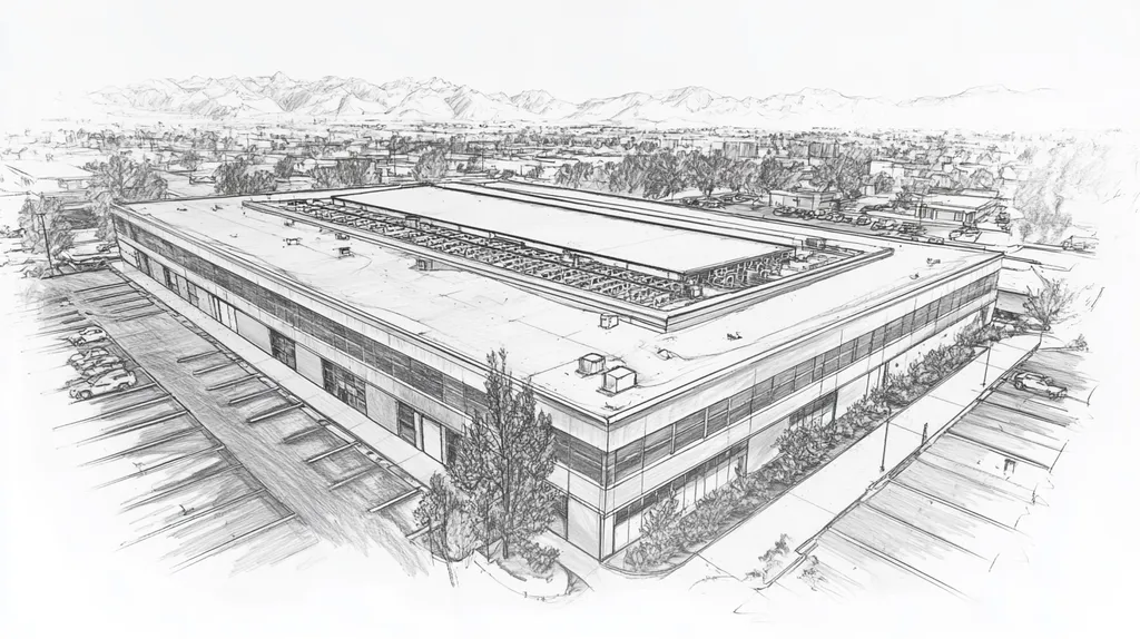 A commercial roof on a post office in a location similar to Denver with a charcoal sketch aesthetic (AI image)