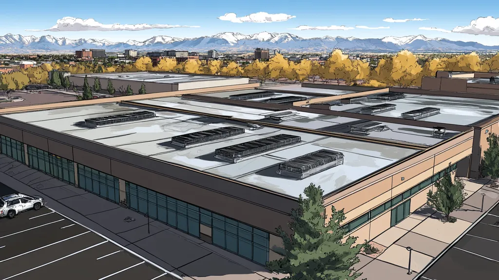 A commercial roof on a post office in a location similar to Denver with a comic book style aesthetic (AI image)