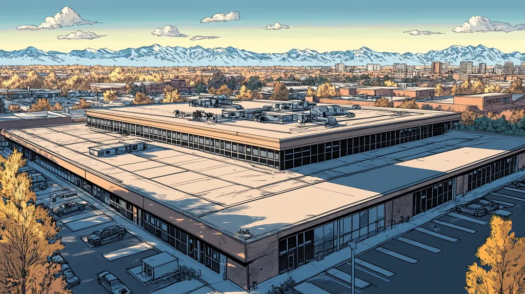A commercial roof on a post office in a location similar to Denver with a comic book style aesthetic (AI image)