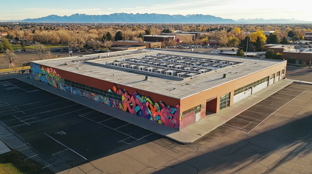 A commercial roof on a post office in a location similar to Denver with a graffiti mural aesthetic (AI image)