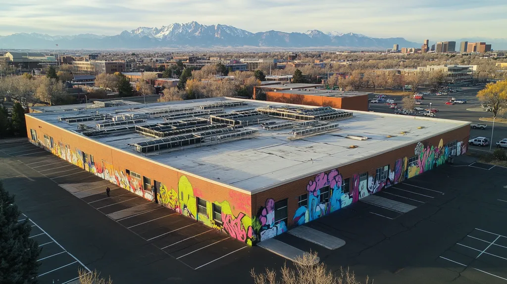 A commercial roof on a post office in a location similar to Denver with a graffiti mural aesthetic (AI image)