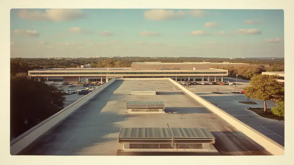 A commercial roof on a research laboratory in a location similar to Austin with a Polaroid aesthetic (AI image)