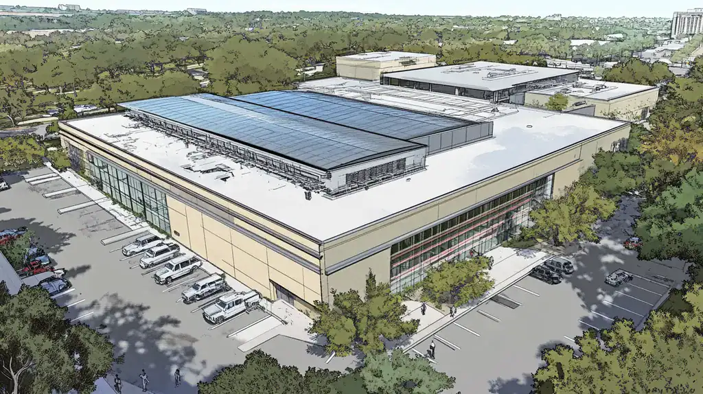 A commercial roof on a research laboratory in a location similar to Austin with a comic book style aesthetic (AI image)
