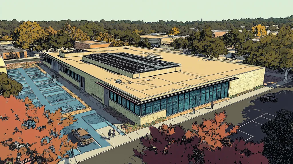A commercial roof on a research laboratory in a location similar to Austin with a comic book style aesthetic (AI image)