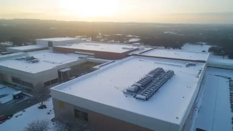 A commercial roof on a research laboratory in a location similar to Austin with a snowy day aesthetic (AI image)