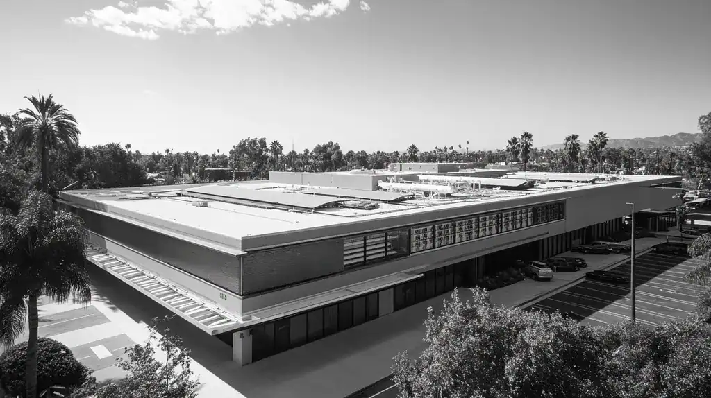 A commercial roof on a research laboratory in a location similar to Beverly Hills with a black and white photography aesthetic (AI image)