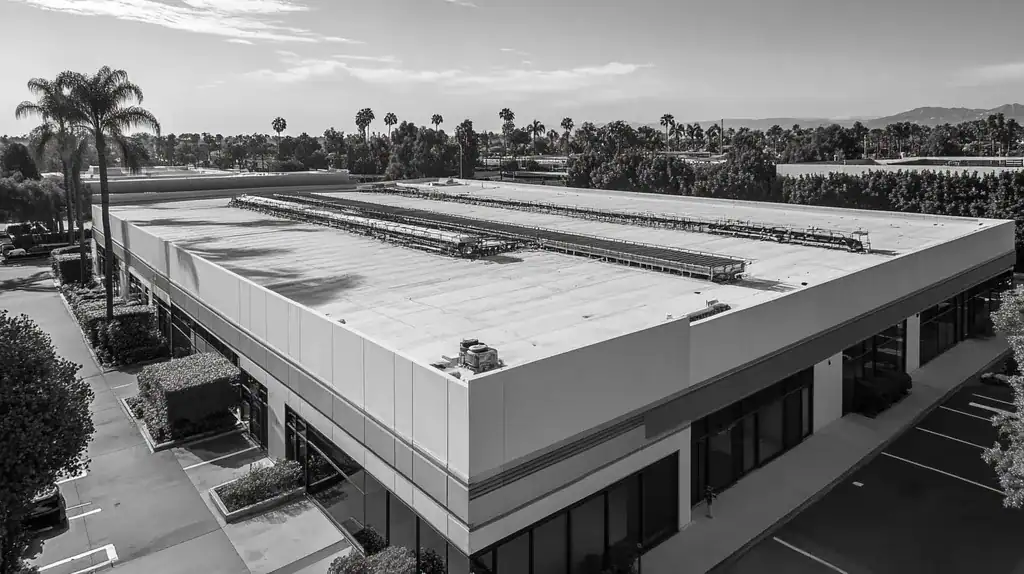 A commercial roof on a research laboratory in a location similar to Beverly Hills with a black and white photography aesthetic (AI image)