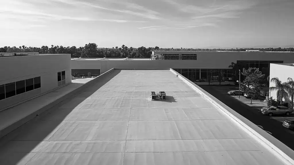 A commercial roof on a research laboratory in a location similar to Beverly Hills with a black and white photography aesthetic (AI image)
