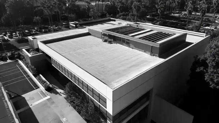 A commercial roof on a research laboratory in a location similar to Beverly Hills with a black and white photography aesthetic (AI image)