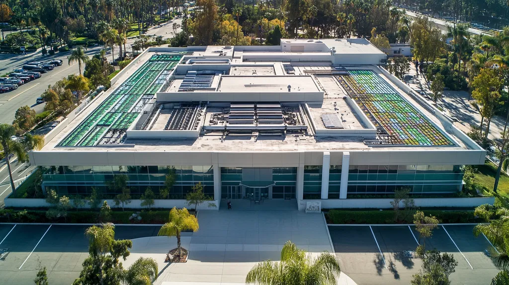 A commercial roof on a research laboratory in a location similar to Beverly Hills with a stained glass style aesthetic (AI image)