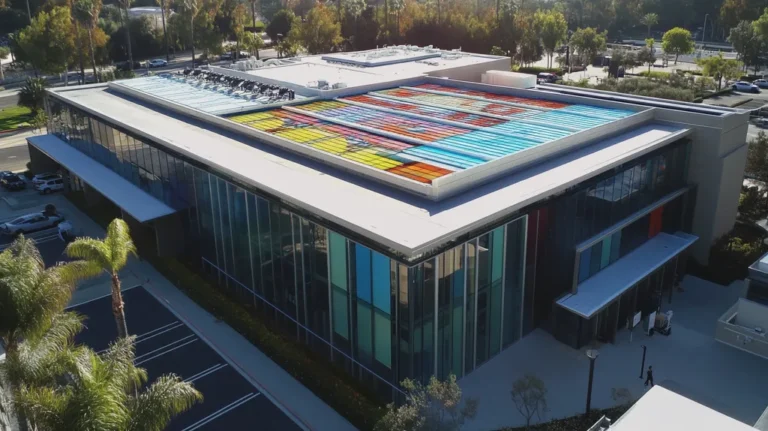 A commercial roof on a research laboratory in a location similar to Beverly Hills with a stained glass style aesthetic (AI image)