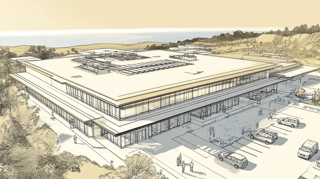 A commercial roof on a research laboratory in a location similar to Big Sur with an architectural sketch rendering aesthetic (AI image)