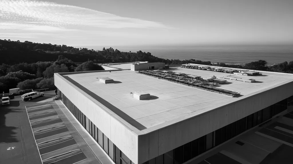 A commercial roof on a research laboratory in a location similar to Big Sur with a black and white photography aesthetic (AI image)