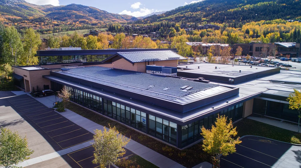 A commercial roof on a school in a location similar to Aspen with a cross-processed look aesthetic (AI image)