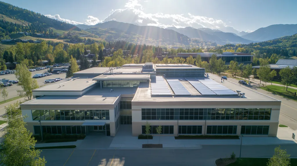 A commercial roof on a school in a location similar to Aspen with a light beams aesthetic (AI image)
